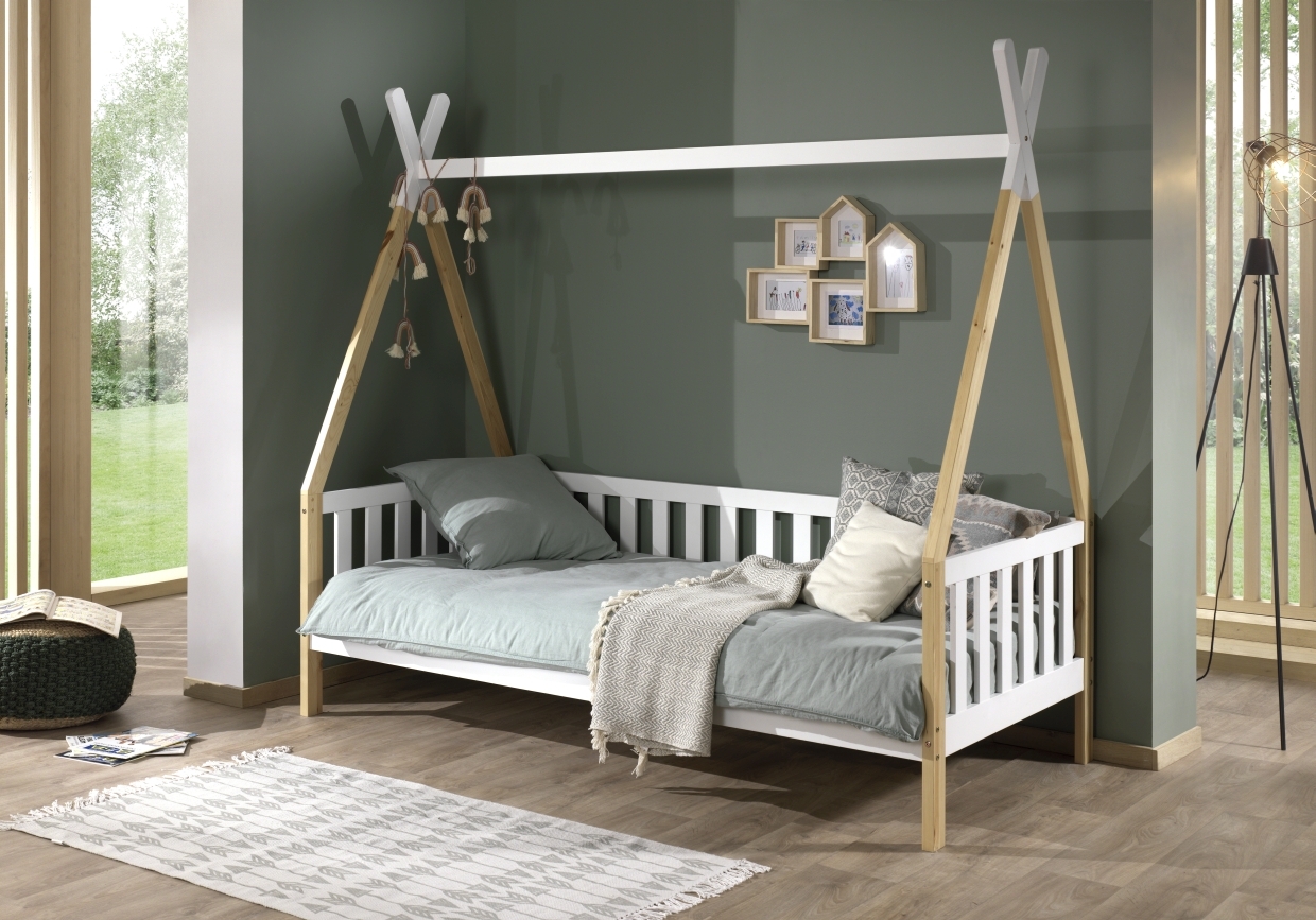 Tipi-Zelt-Bett - weiß-natur - Rolllattenrost - Umrandung - 90x200 cm