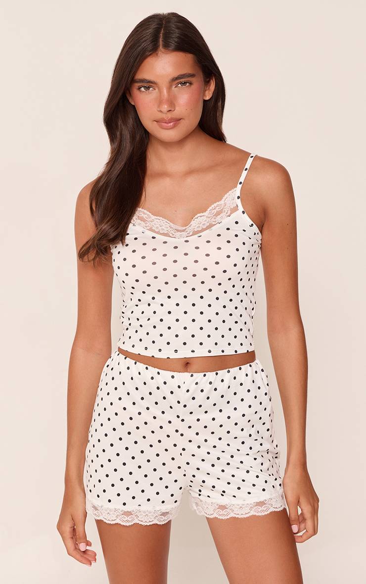 Blanc Ensemble Pyjama Court À Pois Avec Bordure En Dentelle