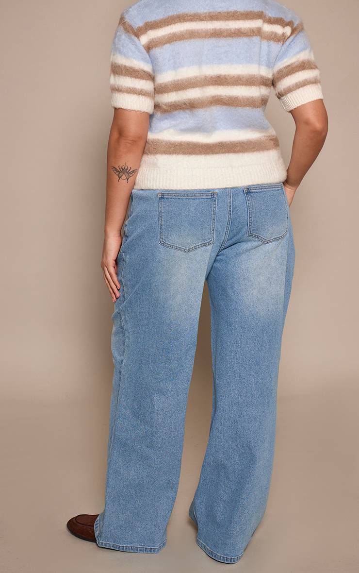 Mid Blue Wash Jean Droit Taille Haute Stretch Bleu Moyen Grande Taille
