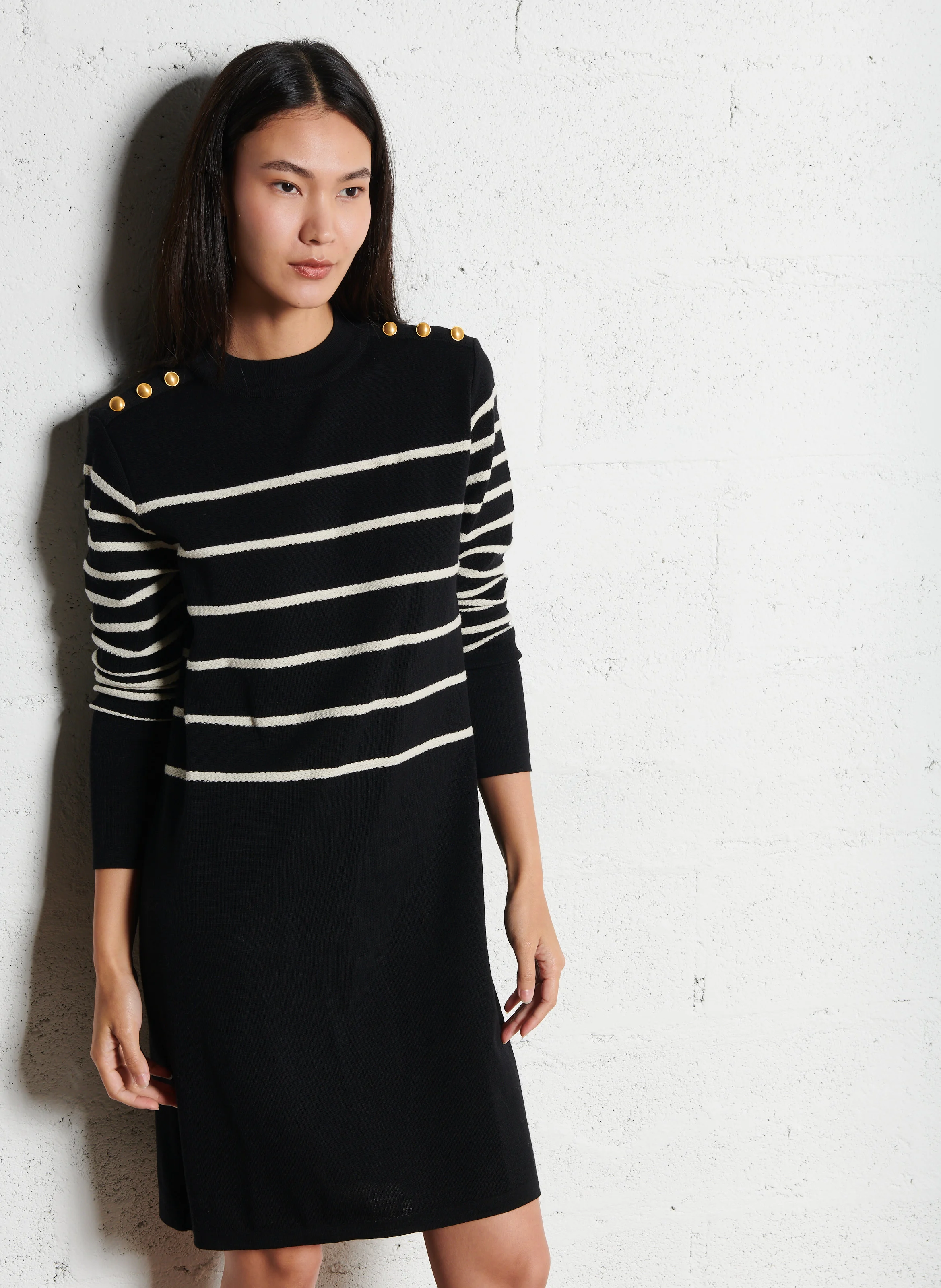Robe midi col rond en laine mélangée | Multicolore