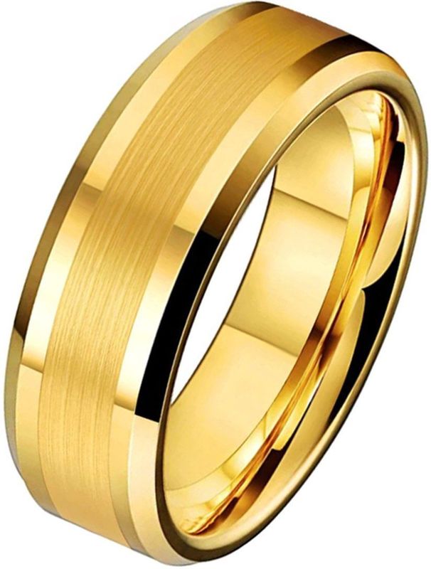 Wolfraam - Heren Ring - Goudkleurig - Geborstelde Streep - 8mm Breed