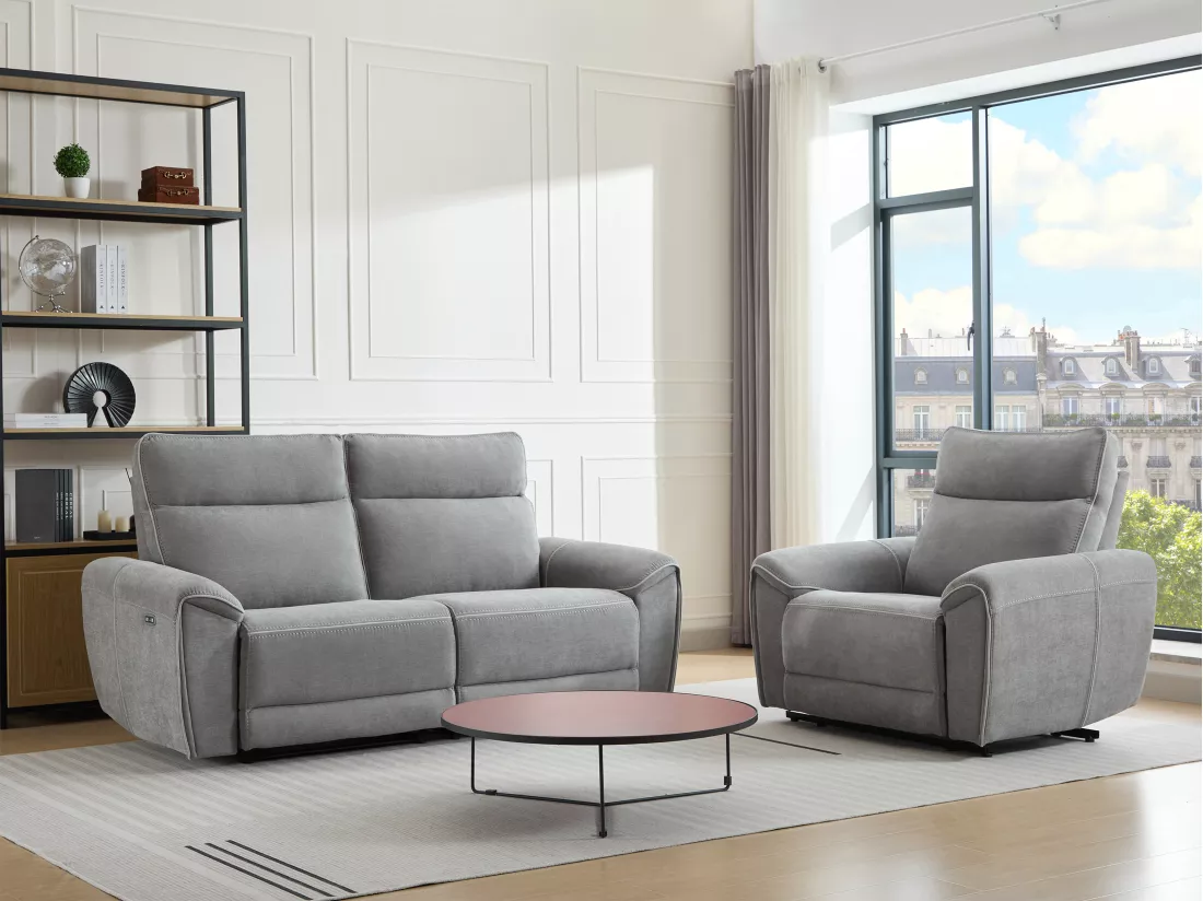 Canapé 3 places et fauteuil relax électrique en tissu gris DJARALO