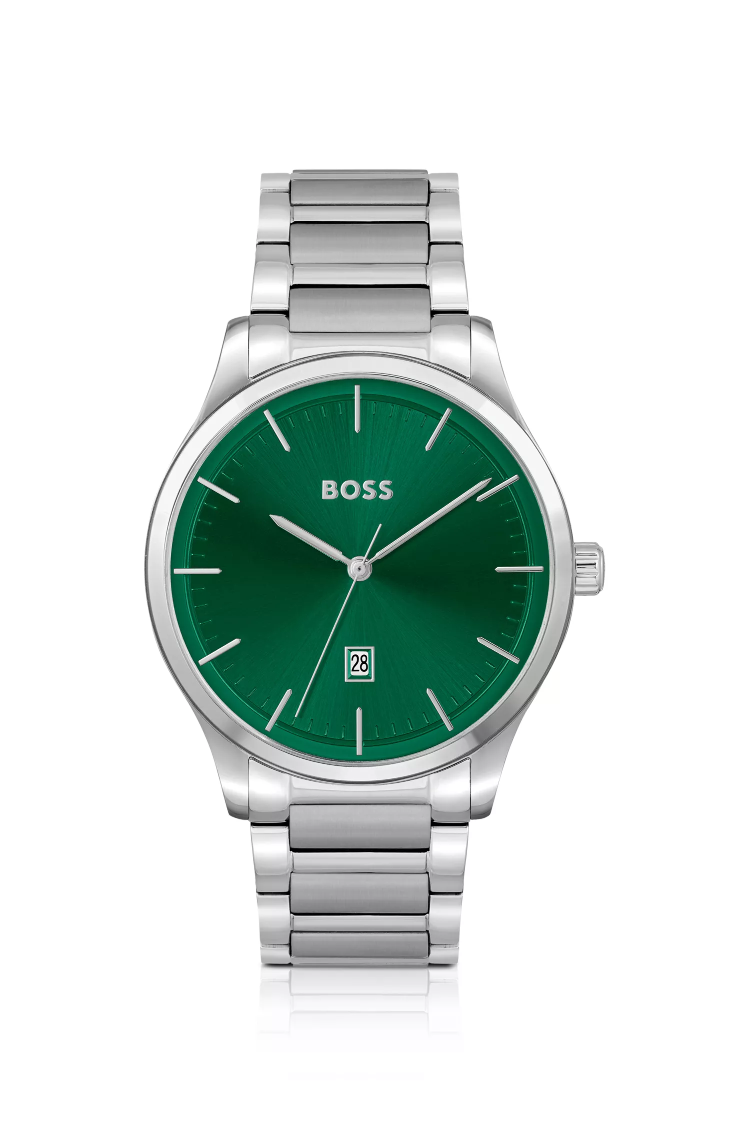 Relógio BOSS com mostrador preto e verde e pulseira de elos prateados.