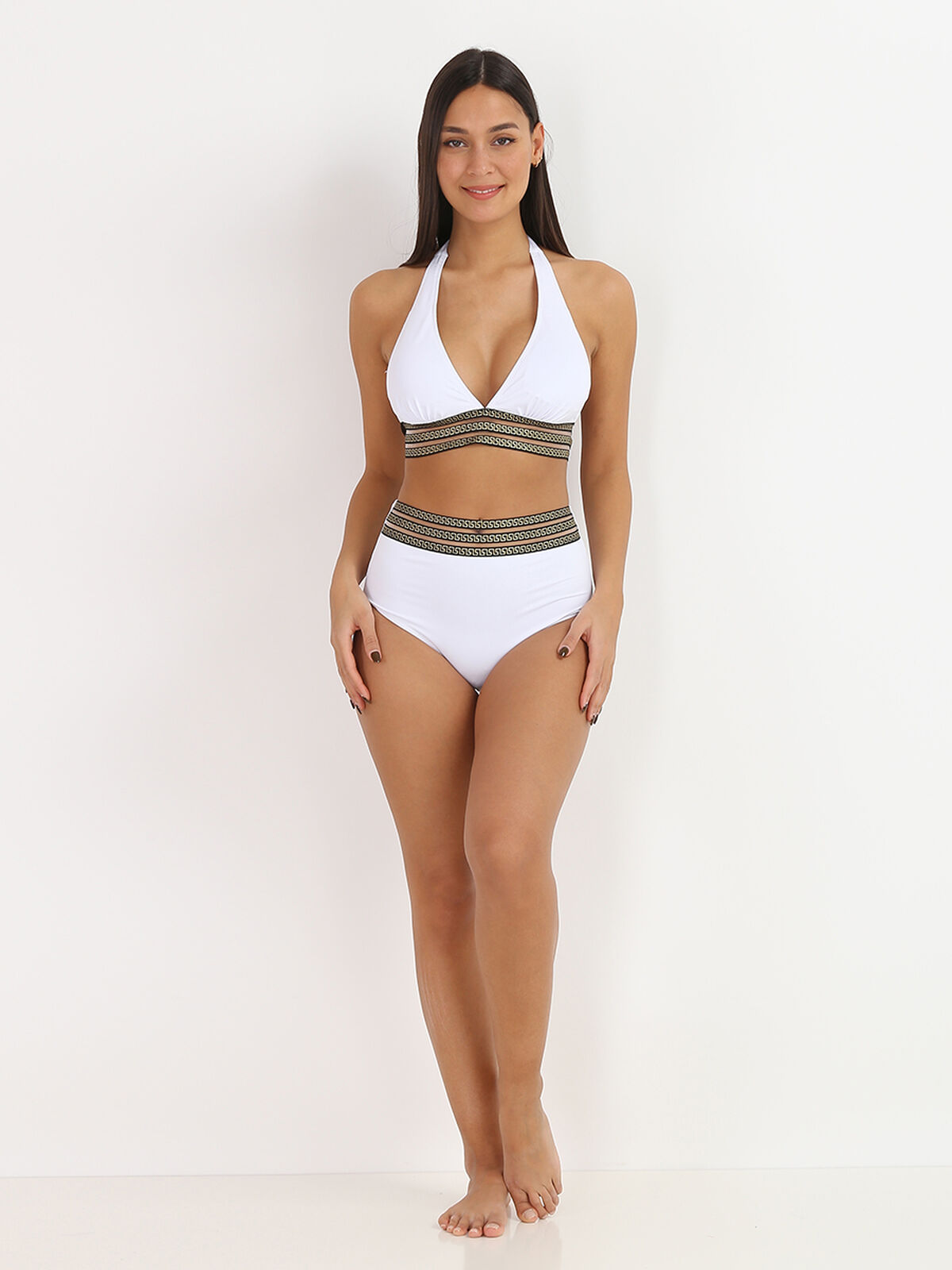 Bikini taille haute à motif Grecque- Blanc