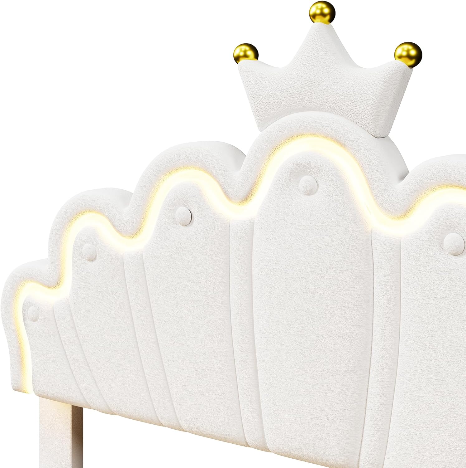 Merax Kinderbett 140x200, Polsterbett für Mädchen Kronen-Doppelbett mit verstellbarem Kopfteil, 16 Farben LED-Streifen, aus PU-Leder Bettrahmen mit Lattenrost und 2 Schubladen (ohne Matratze), Weiß