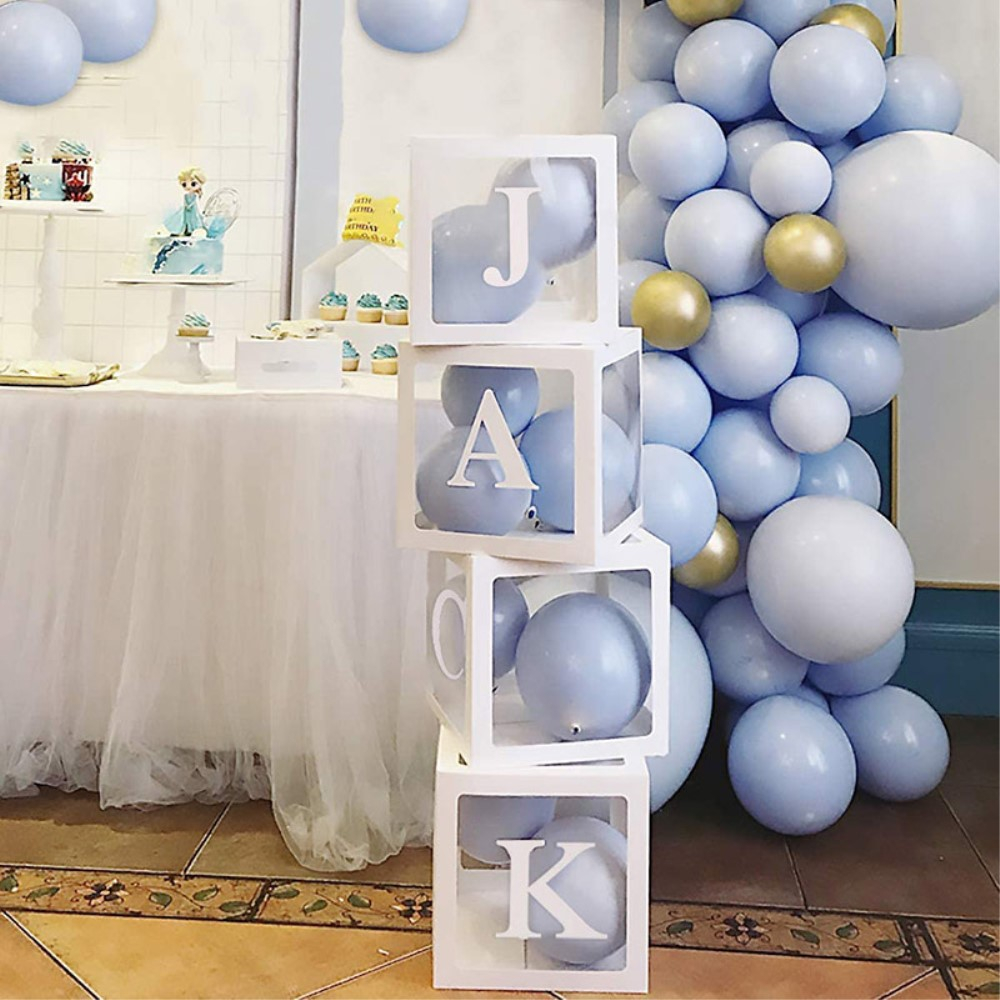 (35-tlg. Set) Baby Buchstaben Boxen Party Deko Accessoire Faltbare Papier Kisten Alphabet Baby Shower / Gender Reveal - Weiss / Transparent
