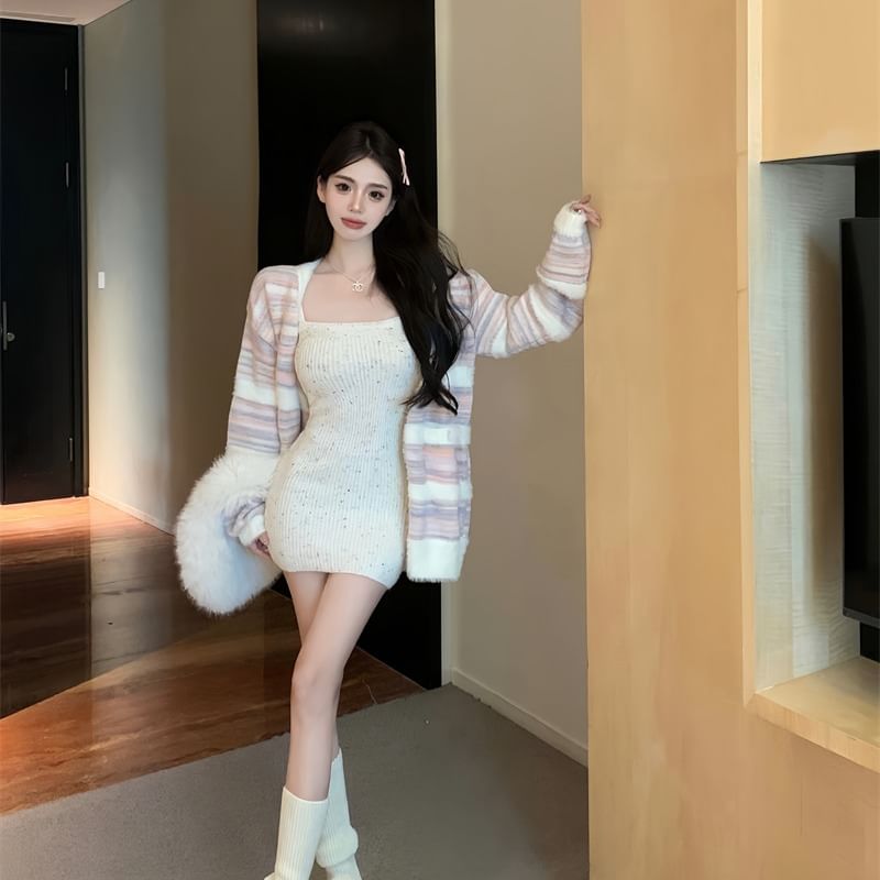 Letme - Gestreept hartknoopcardigan / Spaghettibandjes geribbelde mini-bodycon gebreide jurk