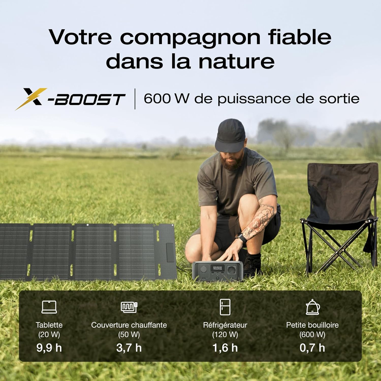 Générateur solaire portable EF EcoFlow RIVER 3 avec panneau solaire 45 W, 245 Wh de capacité, 600 W puissance de sortie, technologie GaN, temps de transfert de < 20ms, station électrique pour camping