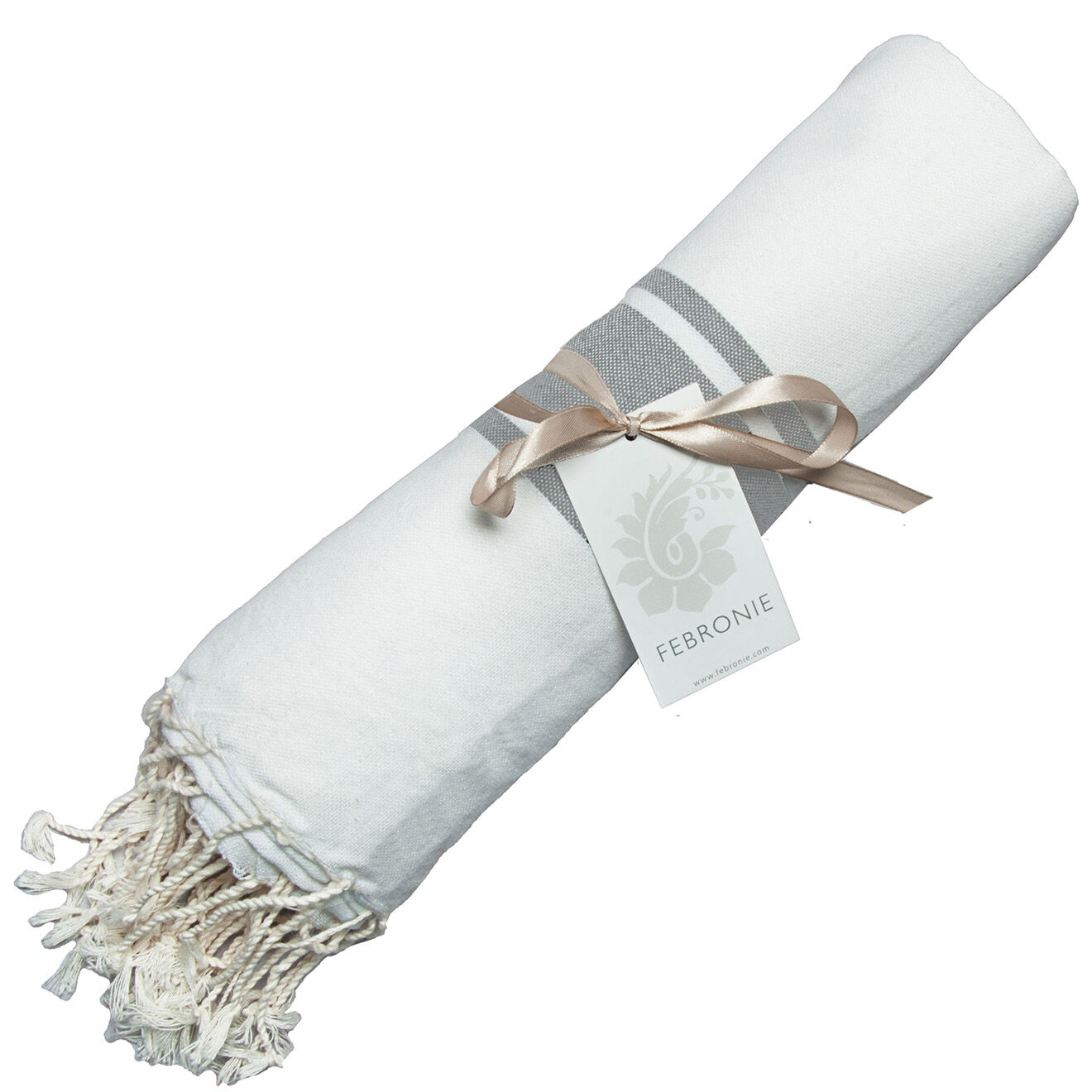 Febronie Fouta Traditionelle St Tropez blanc/gris perle  - 100x200 cm