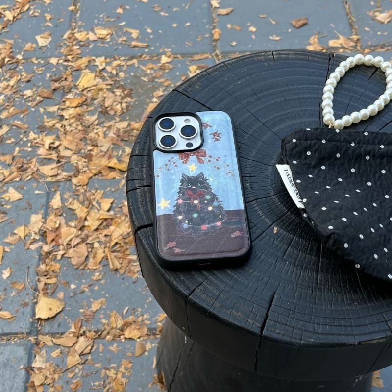 Fonekase - Kerstmis Kat Kunstleren Telefoonhoesje - iPhone 16 Pro Max / 16 Pro / 16 Plus / 16 / 15 Pro Max / 15 Pro / 15 Plus / 15 / 14 Pro Max / 14 Pro / 14 Plus / 14 / 13 Pro Max / 13 Pro / 13 / 13 Mini