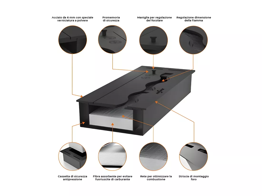 Brûleur à bioéthanol encastrable en acier inoxydable noir, 4 l, 100 cm