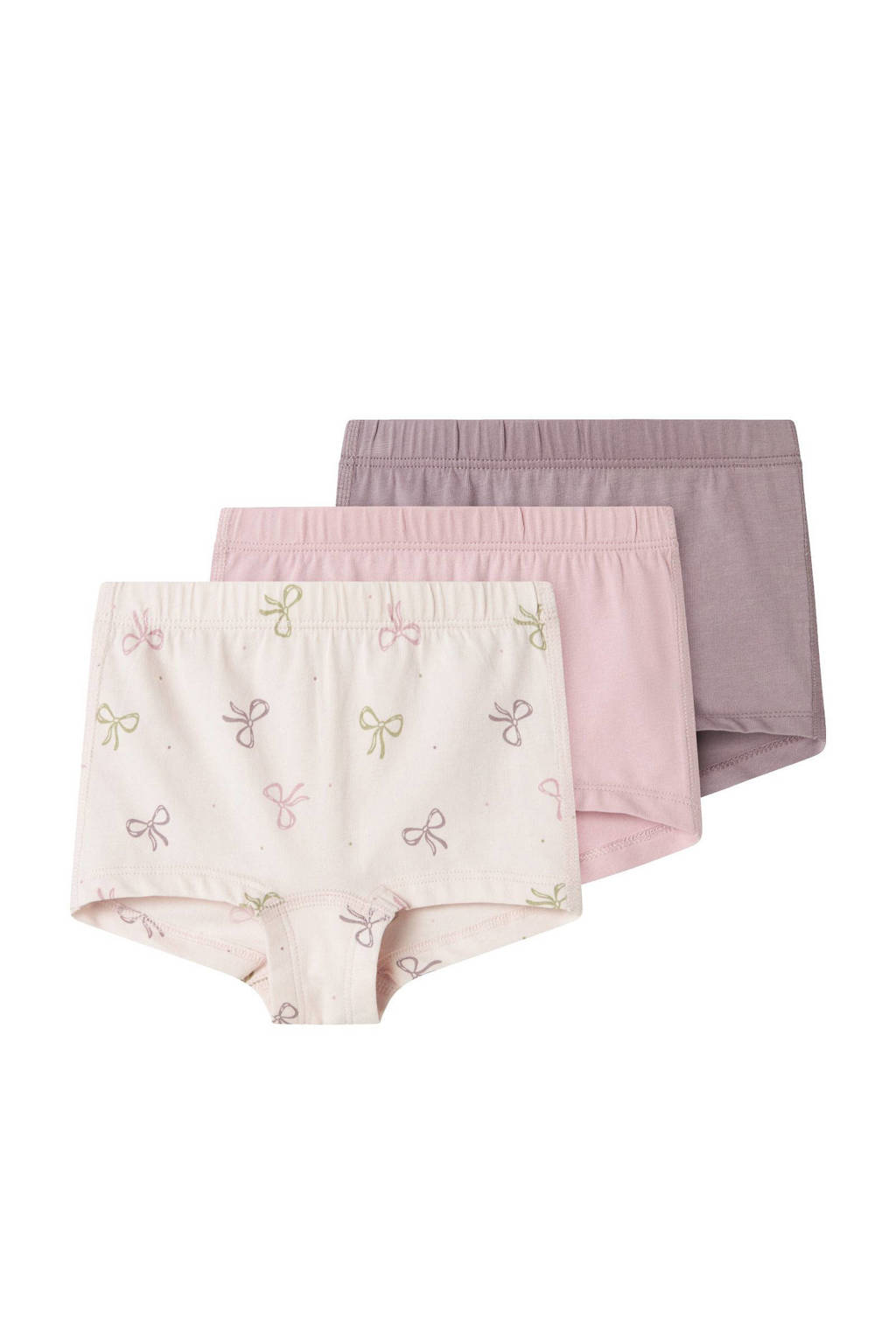short - set van 3 met strikjes dessin roze/mauve