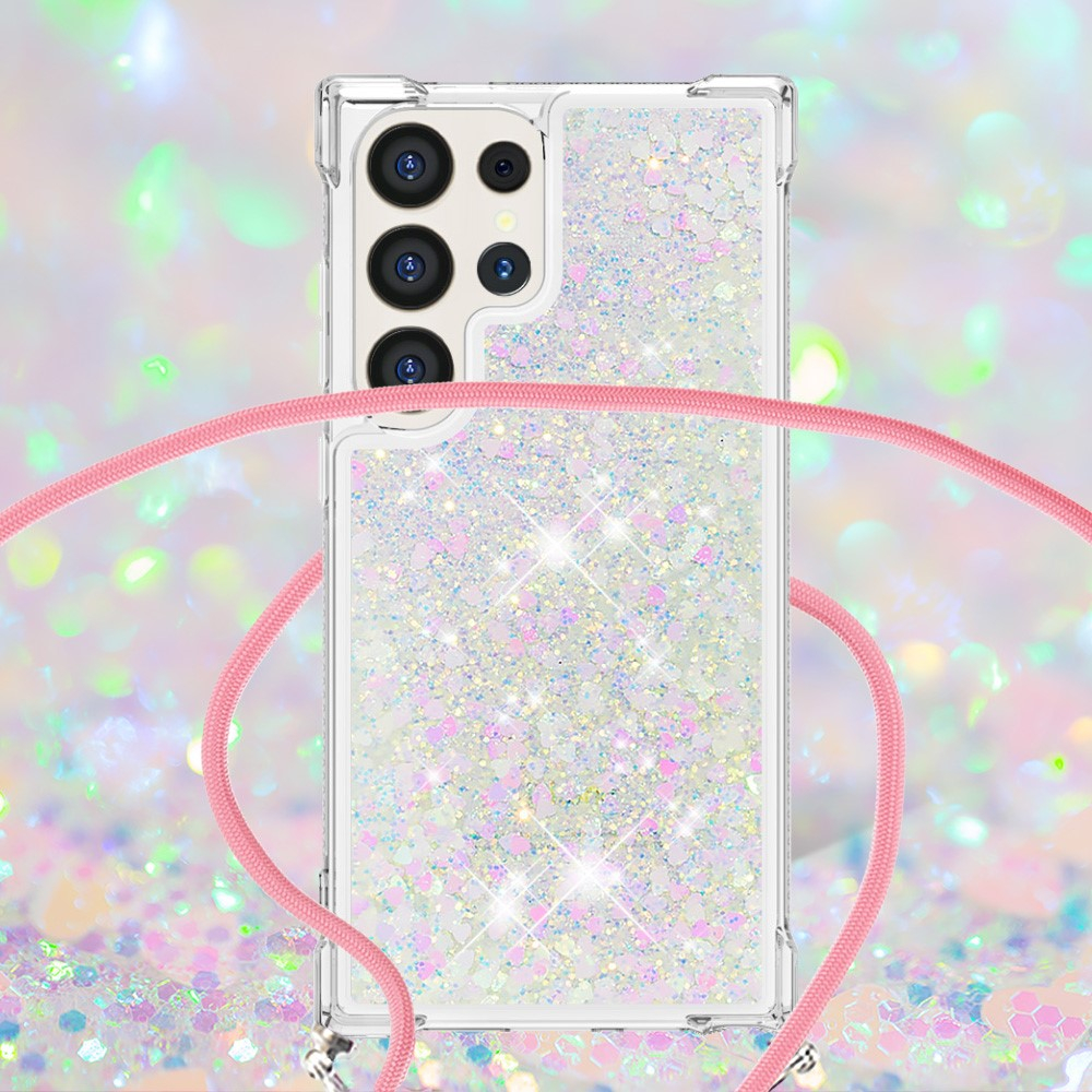Samsung Galaxy S24 Ultra Necklace Gummi Hülle Liquid Glitzer   Handykette (130cm) - Rosa / Silber