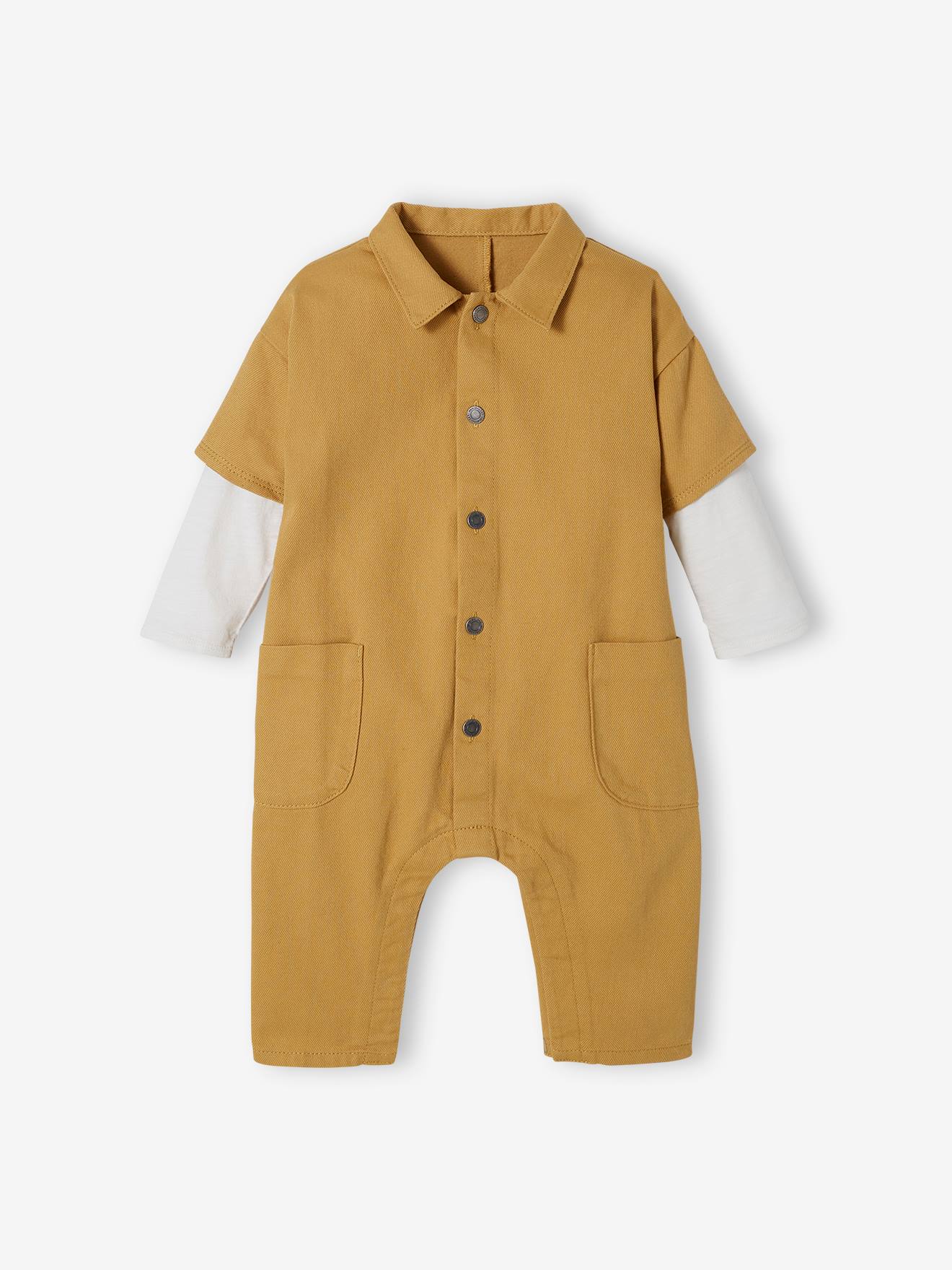 Macacão 2 em 1 para bebê, tamanho médio, amarelo, liso com estampa.