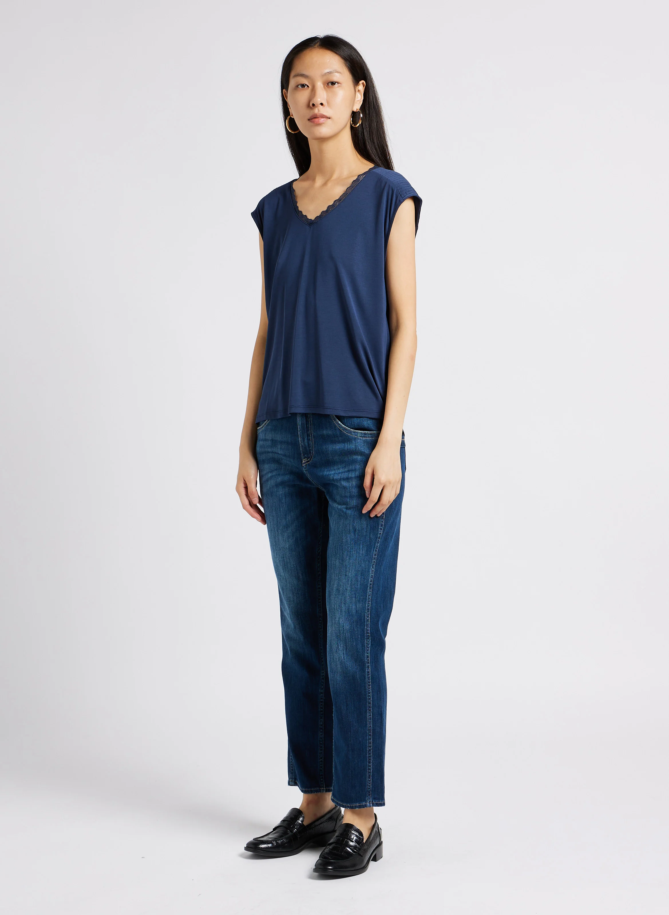 Jean girlfriend taille haute en coton mélangé | Bleu