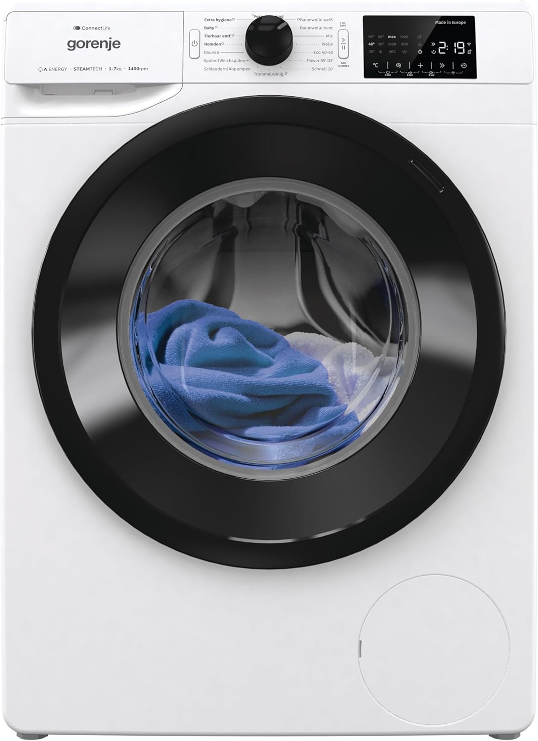 Gorenje WPNEI74A1TS Waschmachine mit Dampffunktion/ConnectLife / 7Kg / 1400 U/min / 15 Programme/Totaler AquaStop/WaveActive Trommel/ExtraHygiene/PowerWash/Schnell Waschgang/EEK: A-10%