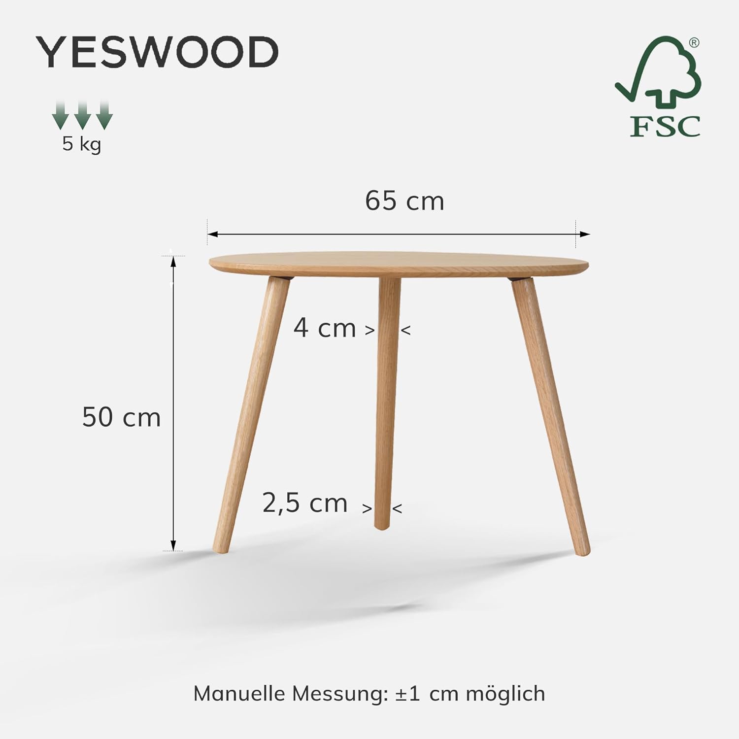 YESWOOD Massivholz Beistelltisch, Couchtische aus Eiche, Ovaler Beistelltisch mit Naturholzbeinen, Kieselsteinform für Wohnzimmer und Balkon, Sofatisch modern, Natur, 44,5T x 65B x 50H cm