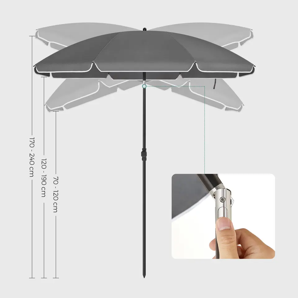 Stokparasol - Strandparasol - Ø 200 cm - Kantelbaar - met Draagtas - Grijs