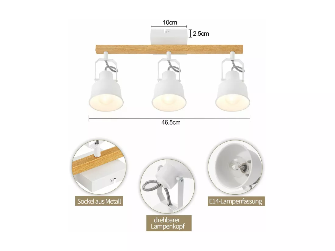 NETTLIFE Spot de Plafond 3 Flammes Orientable à 350° Vintage E14 de conception de haute qualité en bois veiné
