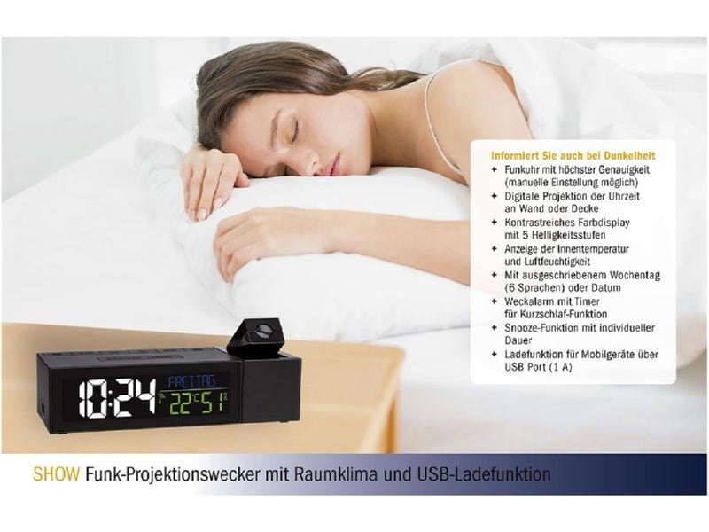 TFA Dostmann Funk-Projektionswecker Show mit Raumklima, Sch Farbdisplay mit 5 Helligkeitsstufen