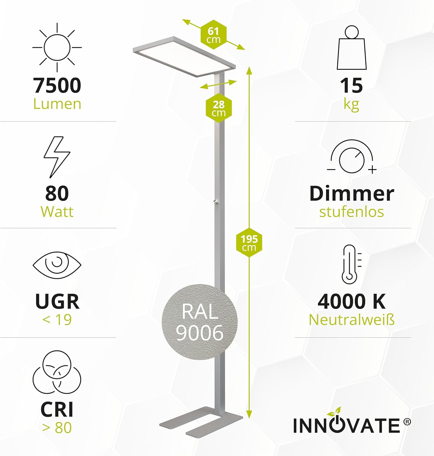 INNOVATE LED Stehlampe dimmbar Silber/Grau Deckenfluter & Leselampe [7500 Lm UGR < 19 80W] Stehlampe Wohnzimmer Lampe Büro I Wohnzimmerlampe Deckenfluter LED Dimmbar Bürolampe I Lampe Wohnzimmer