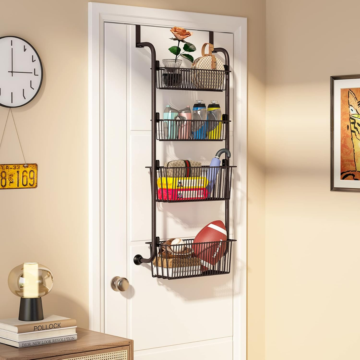 (101x42cm) 4-fach Metall Hänge Regal Küchen Organizer Drahtkorb Lebensmittel Aufbewahrung für Tür / Schrank - Schwarz
