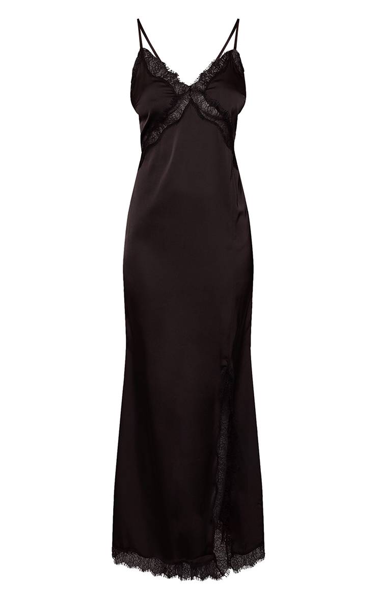 Noir Robe Nuisette Longue En Satin À Bordure Dentelle