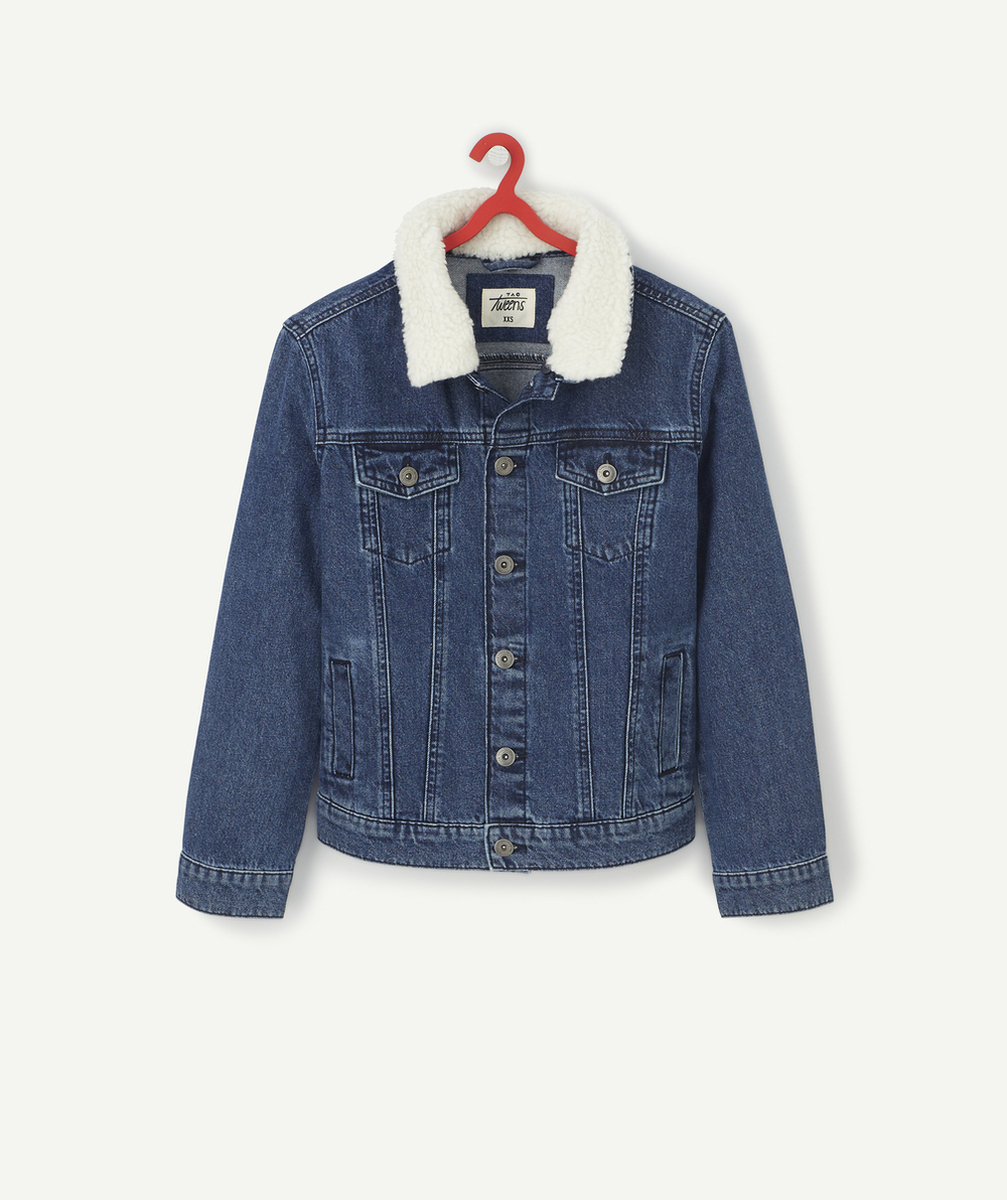 VESTE EN JEAN MIXTE AVEC COL EN BOUCLETTES AMOVIBLE