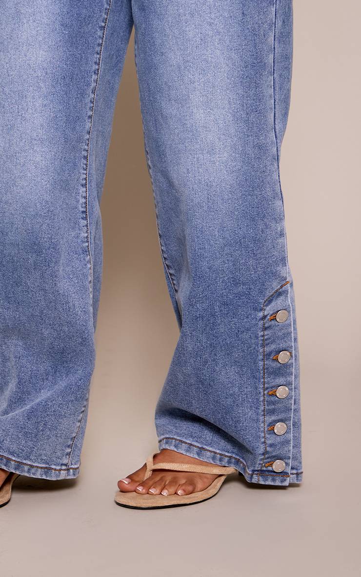 Mid Blue Wash Jean Denim Bleu Moyen Délavé Jambe Large Petite