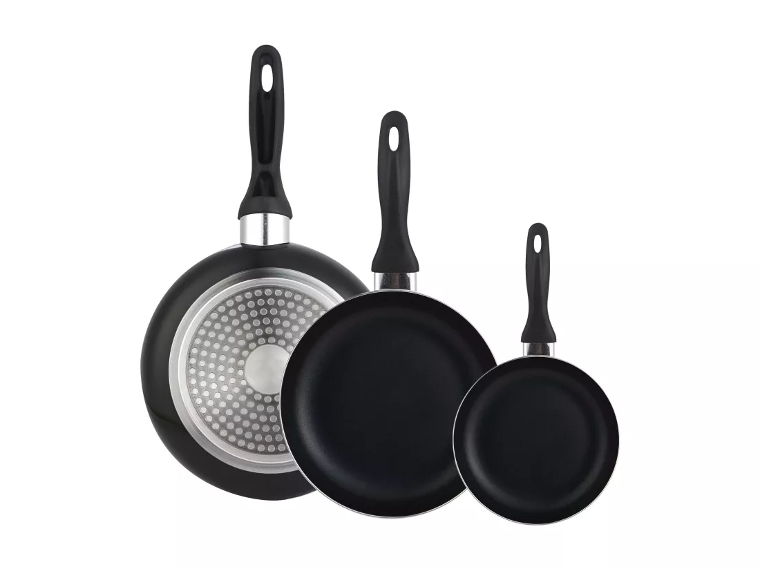 Coffret 3 poêles Ø16Ø20Ø24 aluminium embouti + Coffret 24 couverts inox chromé