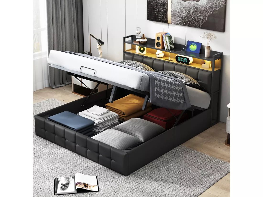 Lit coffre rembourré 160x200cm en tissu de pu - avec LED et port de charge - avec sommier à lattes - Noir