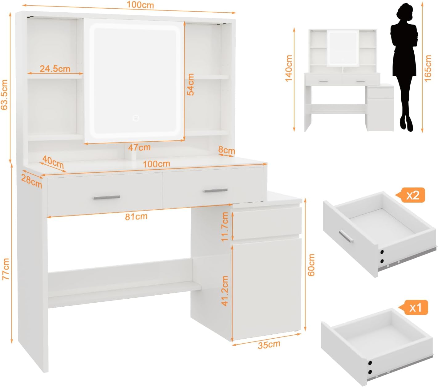 JUMMICO Schminktisch mit LED Spiegel Beleuchtung (3 Helligkeiten & 3 Farbtemperaturen), Großer Kosmetiktisch mit 6 Fächern, 2 Schubladen, Seitenschrank & Ablagefläche, 117x40x140 cm, Weiß