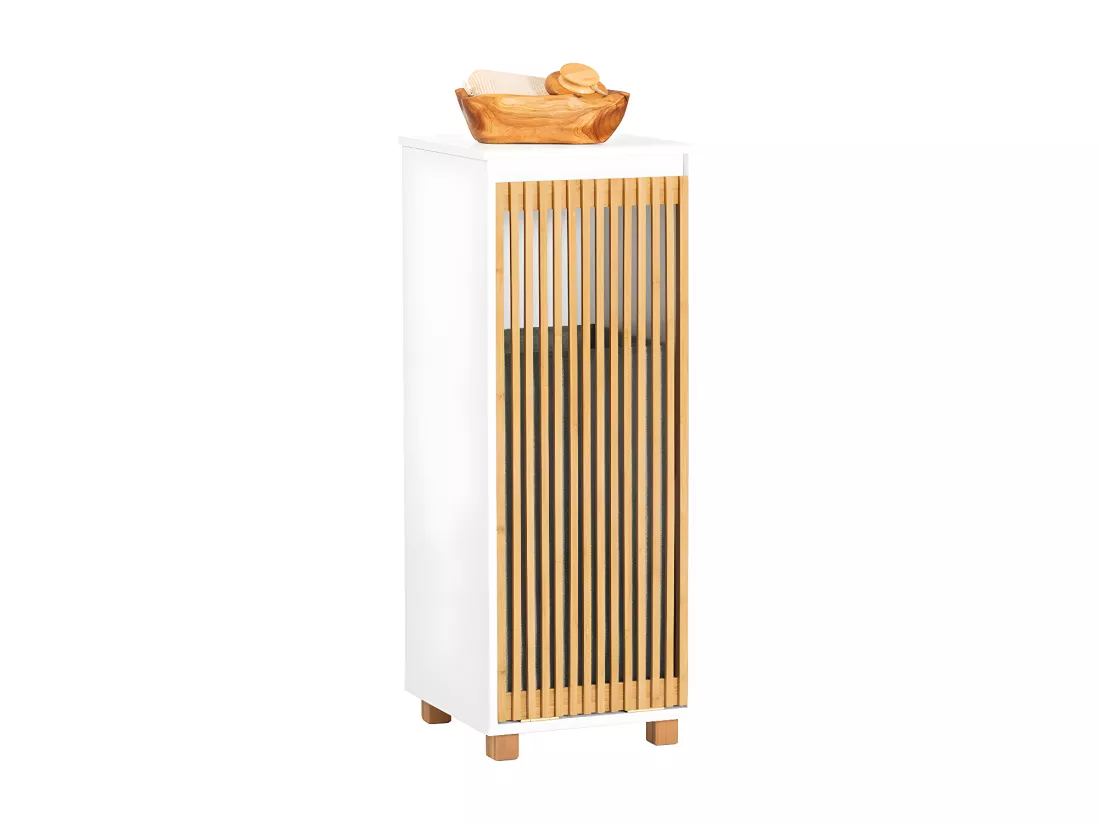 SoBuy Armoire à Linge, Meuble Bas de Salle de Bain, Meuble de Rangement avec 1 Panier à Linge Amovible, Corbeille à Linge, Porte en Bambou, 32x33x85 cm, BZR126-W