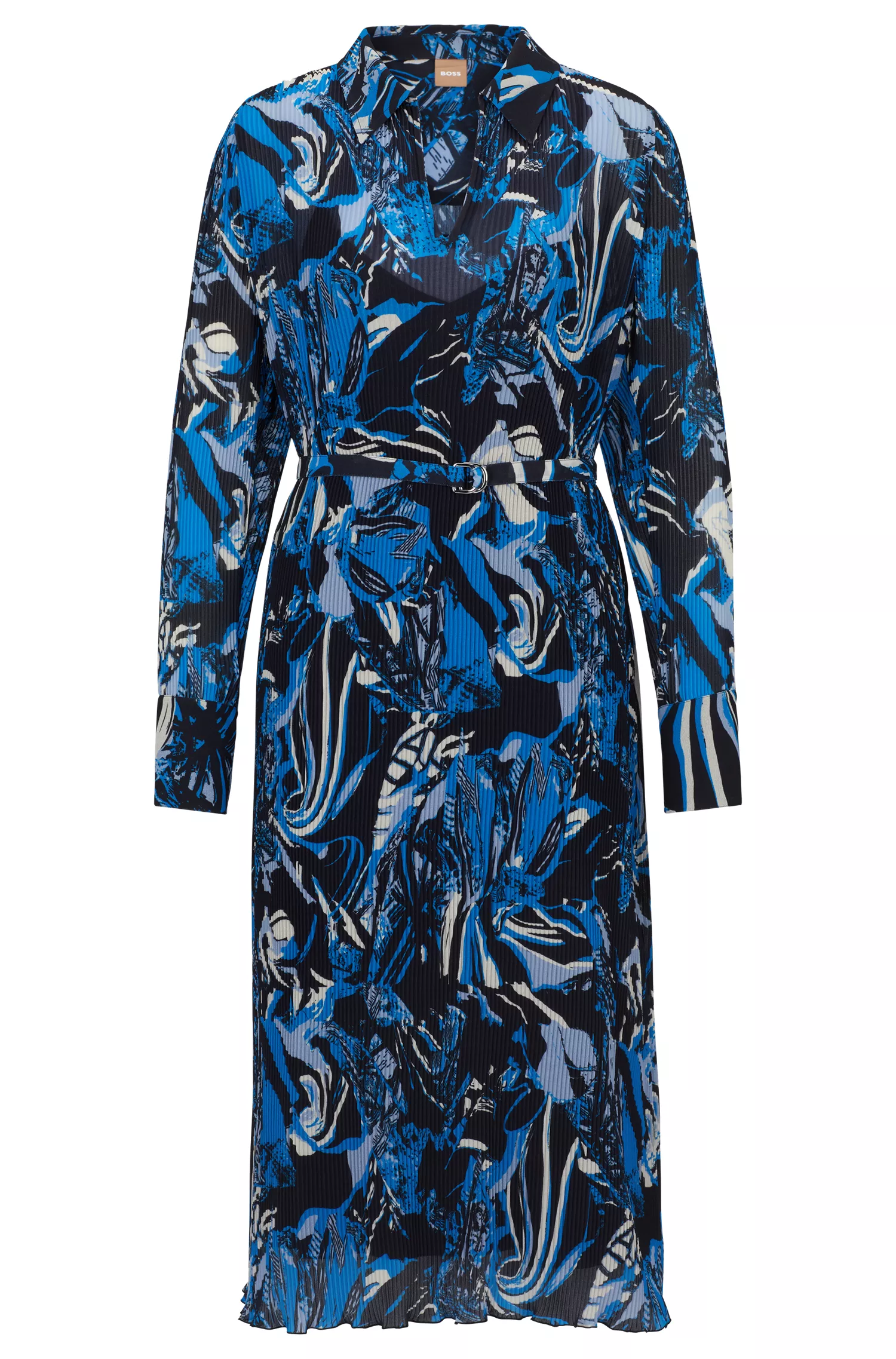 Vestido BOSS preto com estampa sazonal, cinto e decote em V.