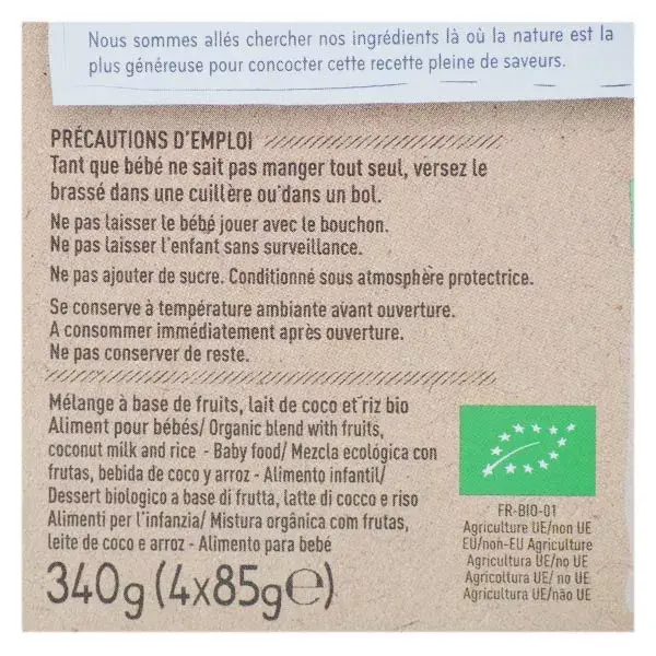 Sobremesas orgânicas à base de plantas Babybio em sachê com leite de coco, maçã e pera +6 meses 4 x 85g