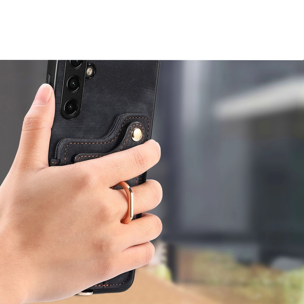 Samsung Galaxy A54 5G Necklace Leder Hülle mit Kartenfächer   Finger Griff Halterung   Handykette (RFID Schutz) - Schwarz