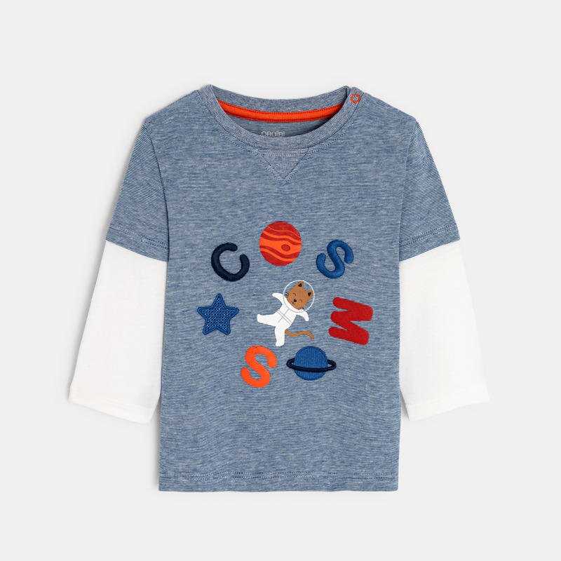 T-shirt effet 2 en 1 rayé chat astronaute bleu bébé garçon Bleu