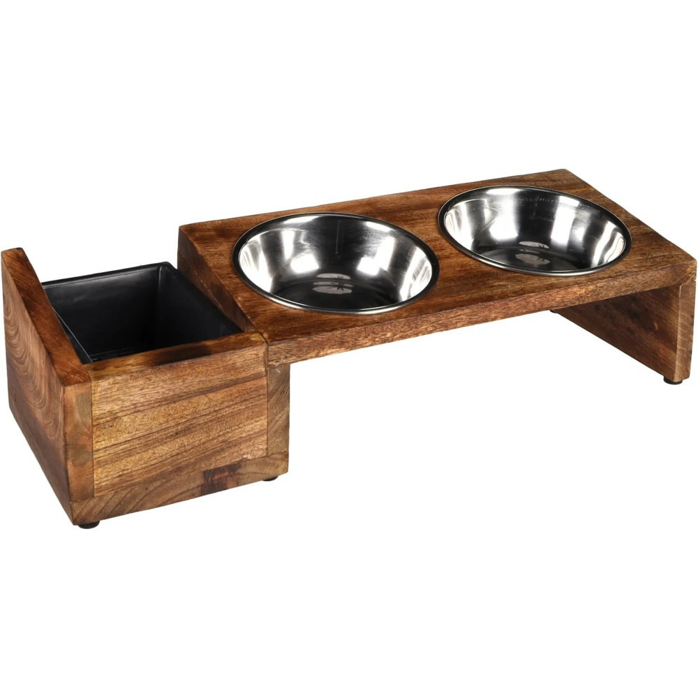 Gamelles avec support bois et bac pour herbe à chat, 42 cm, pour chat