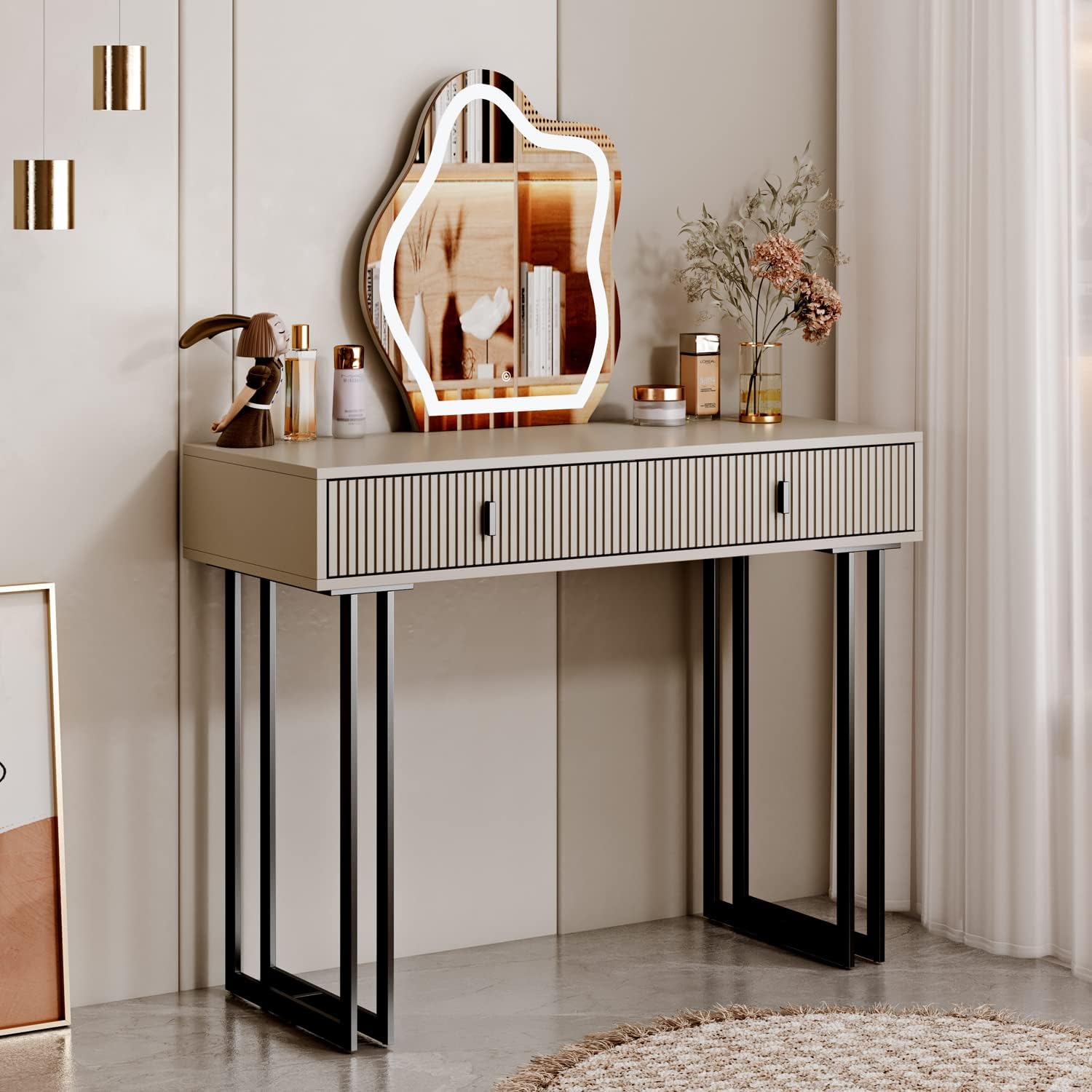 Cômoda leejdn com espelho regulável com tela sensível ao toque de 3 cores, penteadeira moderna para maquiagem com armários ajustáveis e 4 gavetas deslizantes, ideal para lavabo e quarto.