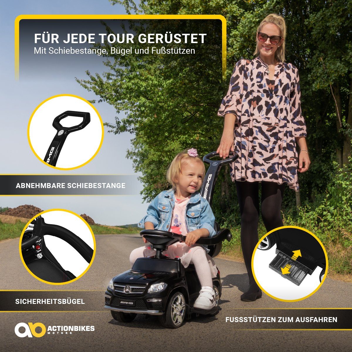 Actionbikes Motors Mercedes Benz GL 63 AMG Carrinho Elétrico Infantil com Barra de Empurrar (Carro Elétrico Infantil a partir de 1 Ano - Função Balanço - Plataformas para os Pés, 1 peça, Bateria de 6V - MP3 - Bluetooth - Módulo de Som - LED - Pneus de EVA