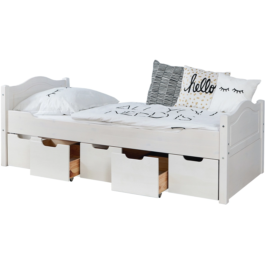 TiCAA Einzelbett Leni 100 x 200 cm Kiefer weiß mit 5 Schubladen