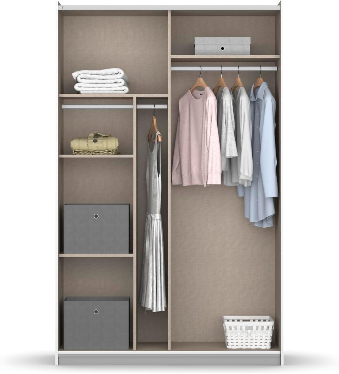 Rauch Möbel Reflect, Schwebetürenschrank, Kleiderschrank, Schrank mit Spiegel, Garderobe, 2-türig, 2 Spiegeltüren, inkl. Stoffkisten und weiterem Zubehör, Farbe Alpinweiß, 131x191x59cm