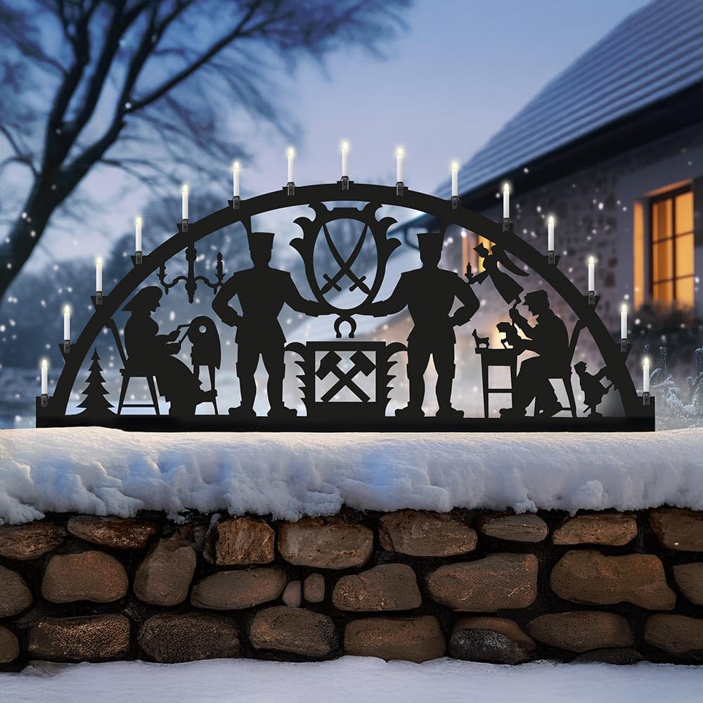 KNOBLOCH Schwibbogen aus Metall Winter-Motiv | XXL für außen oder kleiner für Innen | Schwarz | Outdoor | Weihnachtsdeko für Fenster, Garten und Balkon | Weihnachtsbeleuchtung (150 cm, Bergmann)