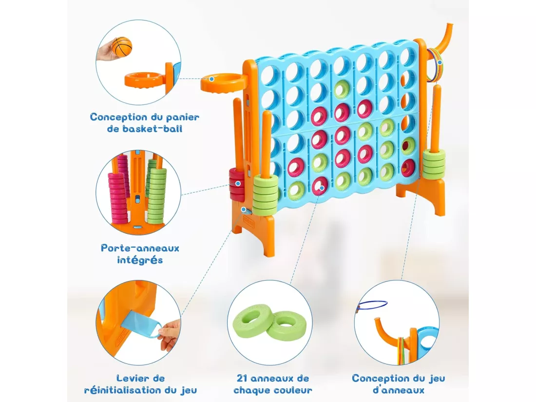 Jeux Puissance 4 Géant 3 en 1 avec Panier de Basket-ball 2 Leviers à Dégagement au Côté 42 Anneaux pour Enfants Orange