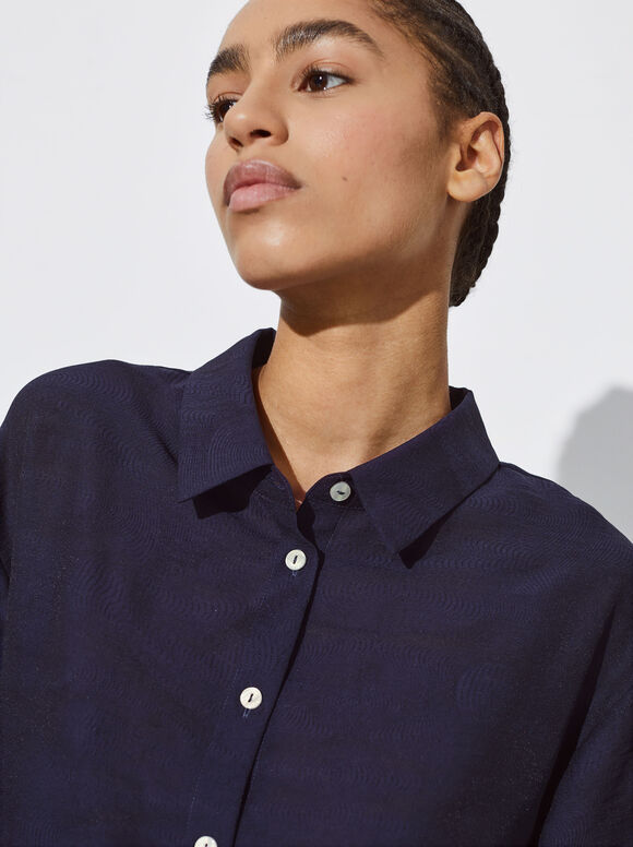 Camisa jacquard de manga curta - Azul marinho