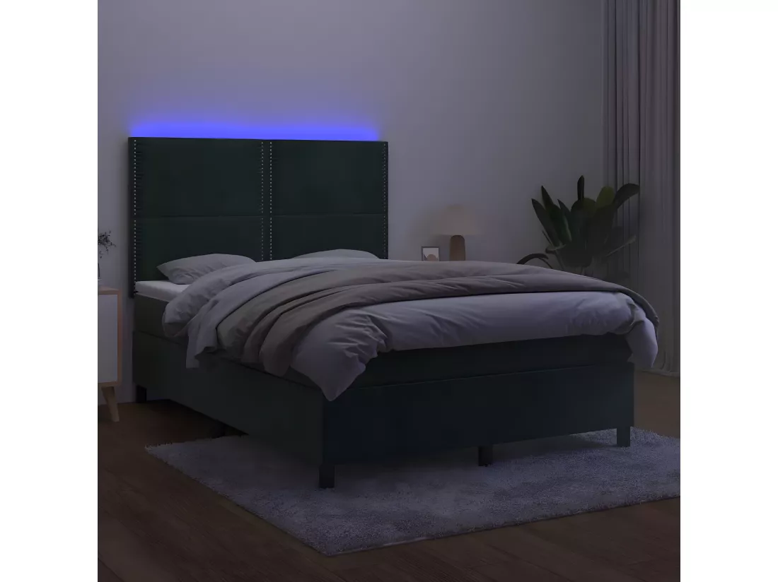 Sommier tapissier matelas et LED Vert foncé 140x200 cm Velours