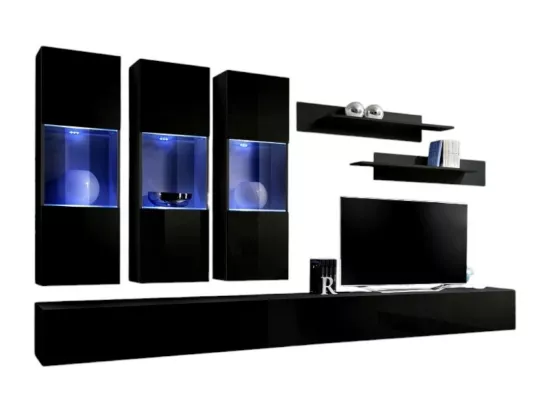 Meuble TV FLY E3 design, coloris noir brillant. Meuble suspendu moderne et tendance pour votre salon.