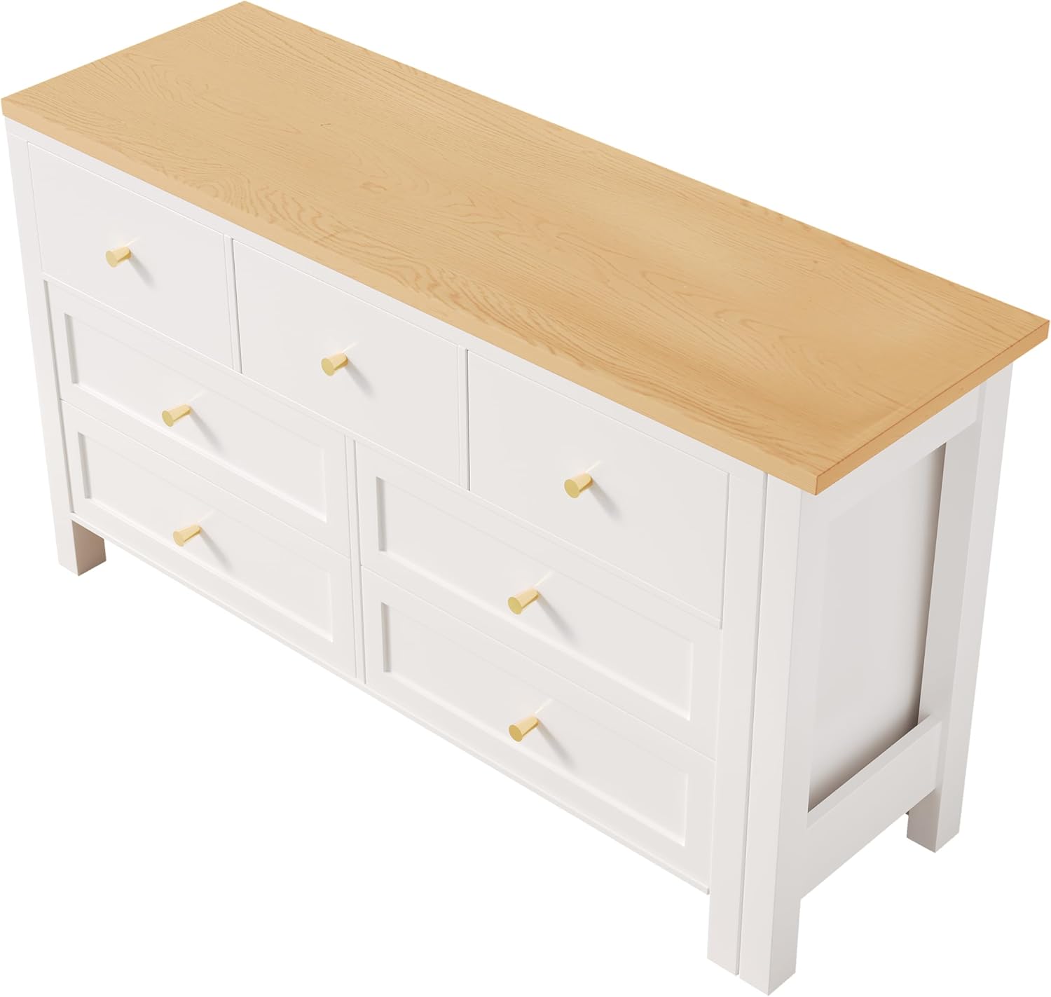 Merax Schreibtisch mit 7 Schubladen, 2-in-1 Sideboard und Arbeitsplatz, 360° drehbar, L-förmiger Eckschreibtisch oder Frisiertisch, Viel Stauraum & modernes Design, einfache Montage, Weiß & Holzfarbe