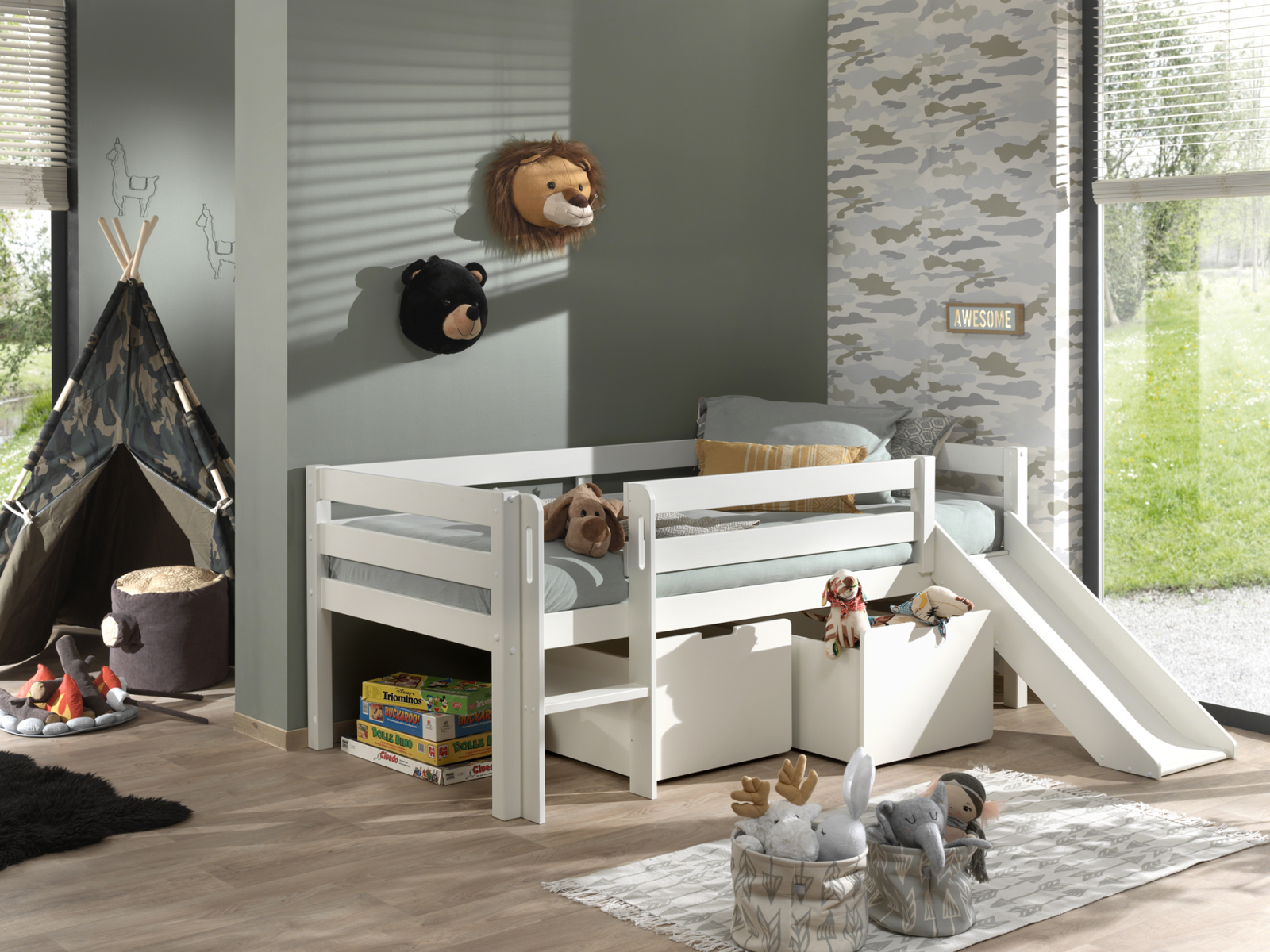 Kojen-Spielbett - weiß - Leiter - Schubkästen - Rutsche - 90x200 cm