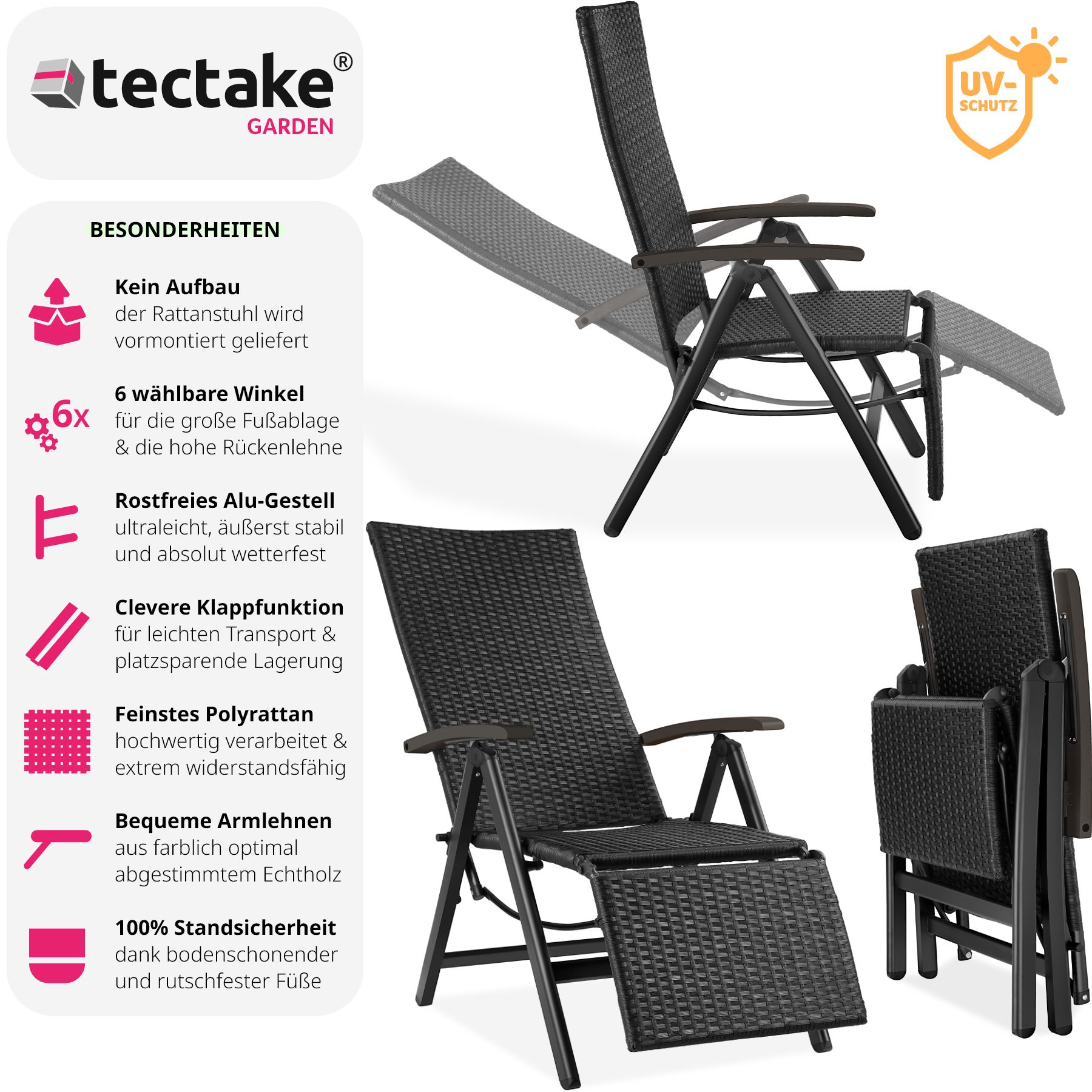tectake® Rattanstuhl, mit Aluminiumgestell, wetterfest und UV-beständig, 58 x 77 x 113 cm